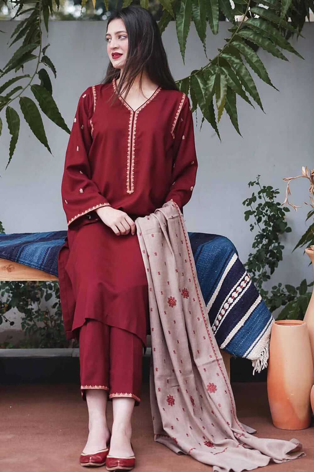 3PC Dhanak suit with Embroidered Shawll