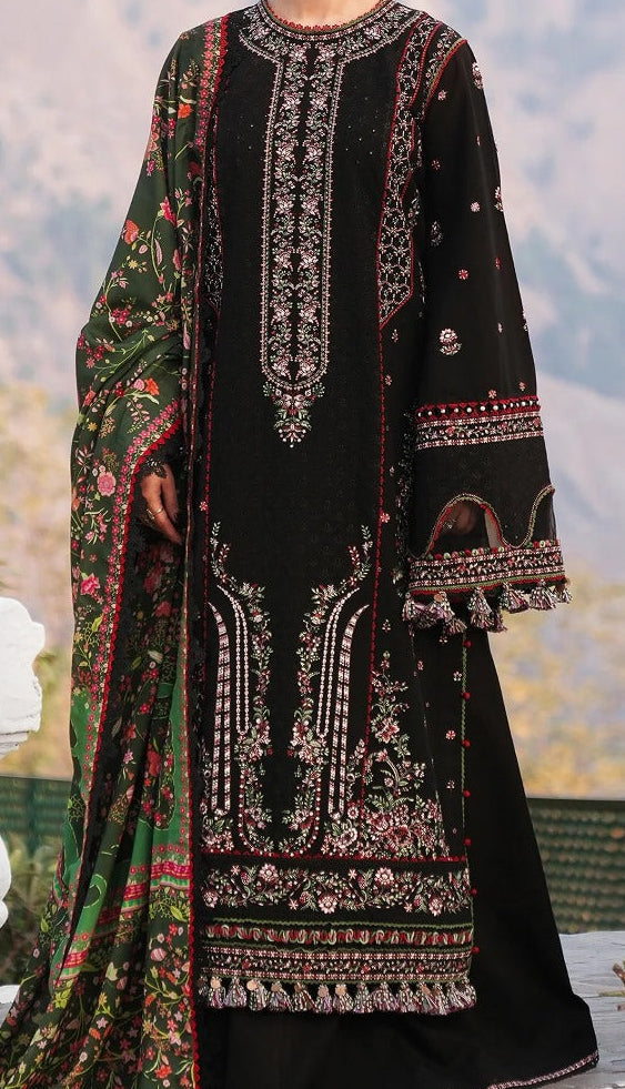 CLOSSY UNSITICH DHANAK EMB 3PC SUIT WITH PRINTED SHAWL