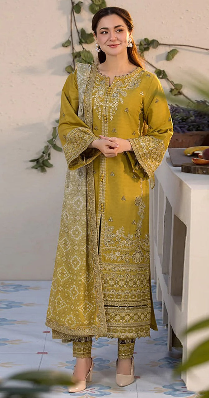 UNSITICH CLOSSY DHANAK EMB 3PC SUIT WITH PRINTED SHAWL