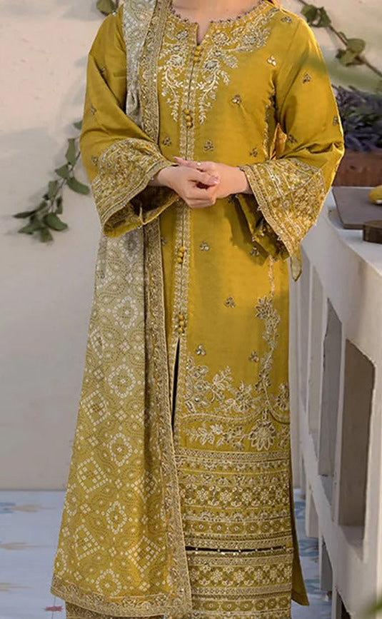 UNSITICH CLOSSY DHANAK EMB 3PC SUIT WITH PRINTED SHAWL