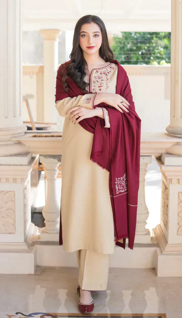 3PC Dhanak suit with Embroidered Shawll