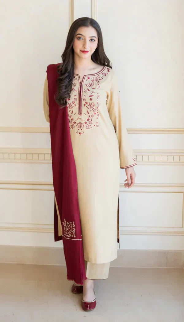 3PC Dhanak suit with Embroidered Shawll