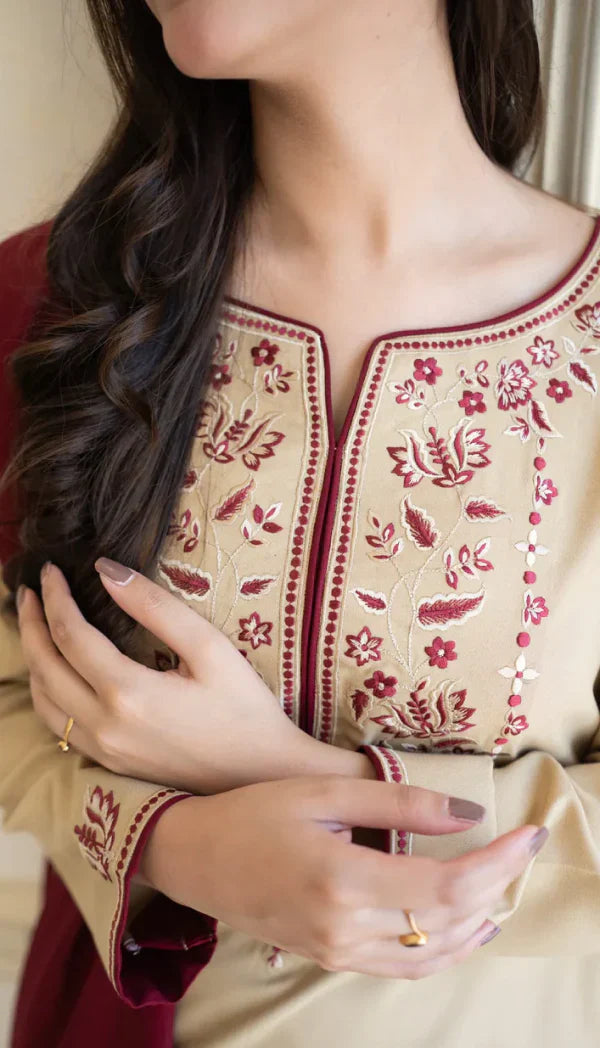 3PC Dhanak suit with Embroidered Shawll