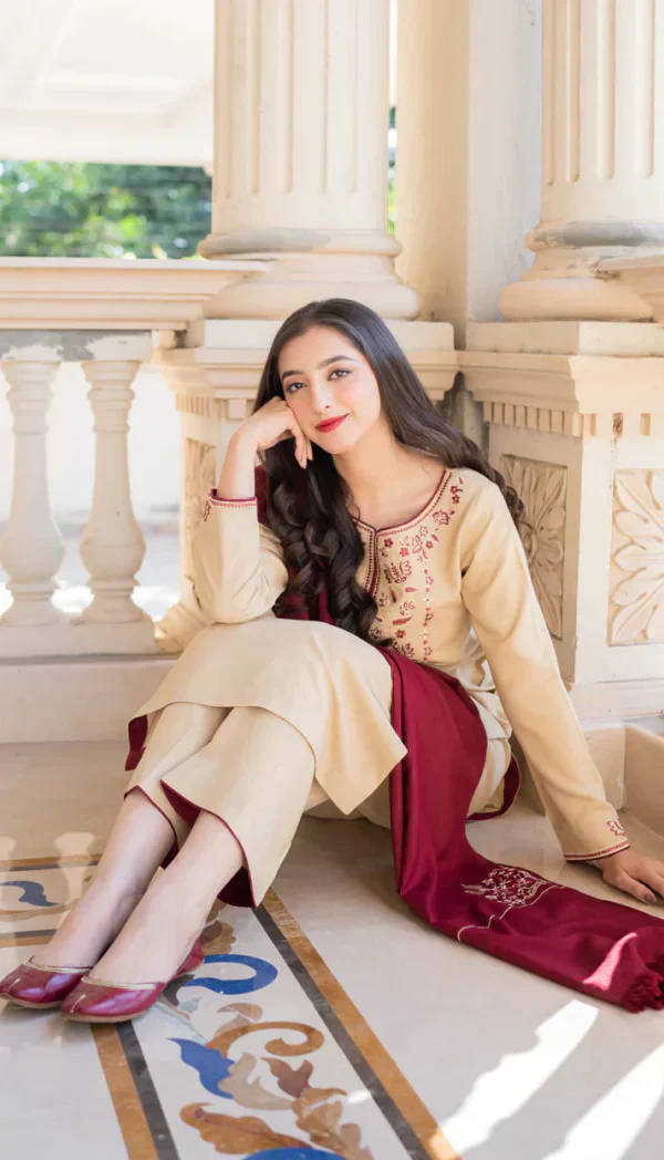 3PC Dhanak suit with Embroidered Shawll