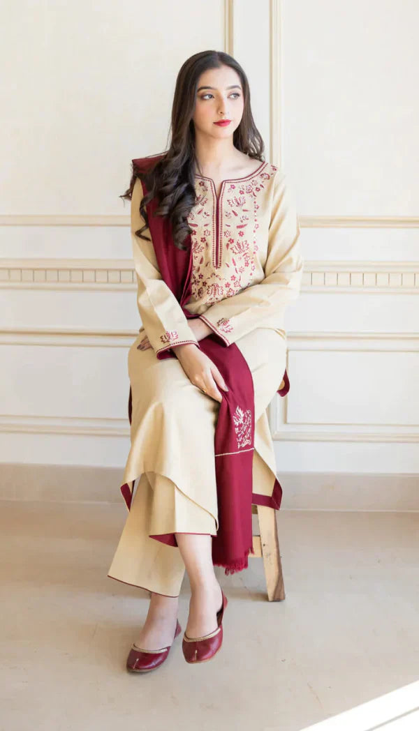 3PC Dhanak suit with Embroidered Shawll