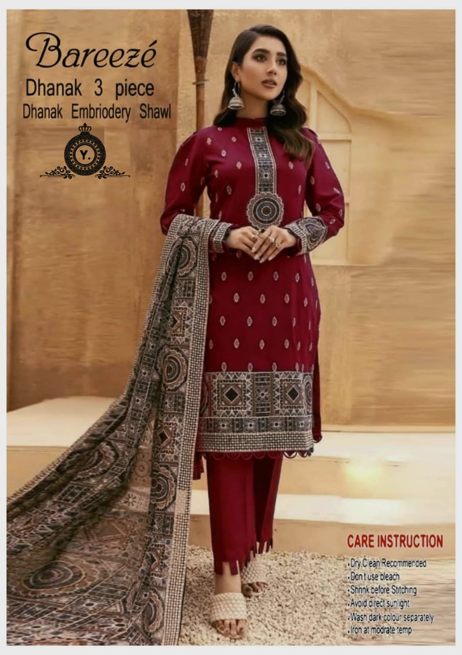 3PC Embroidered Dhanak with Embroidered Shawl