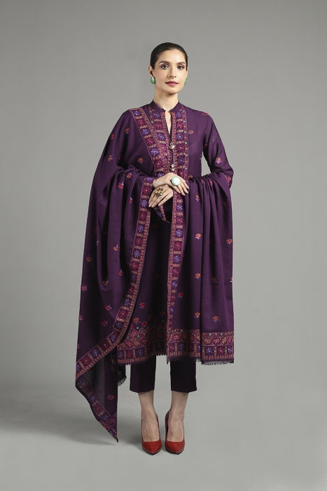 3PC Embroidered Dhanak with Embroidered Shawl
