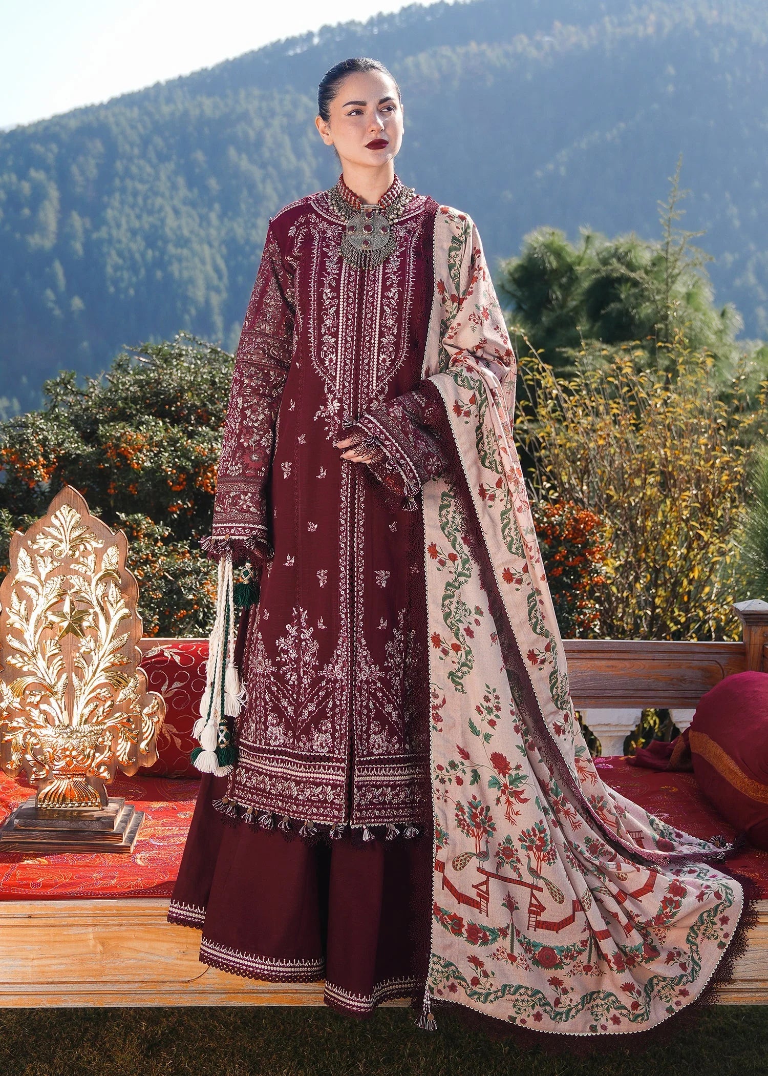 DHANAK EMB 3PC SUIT WITH PRINTED SHAWL